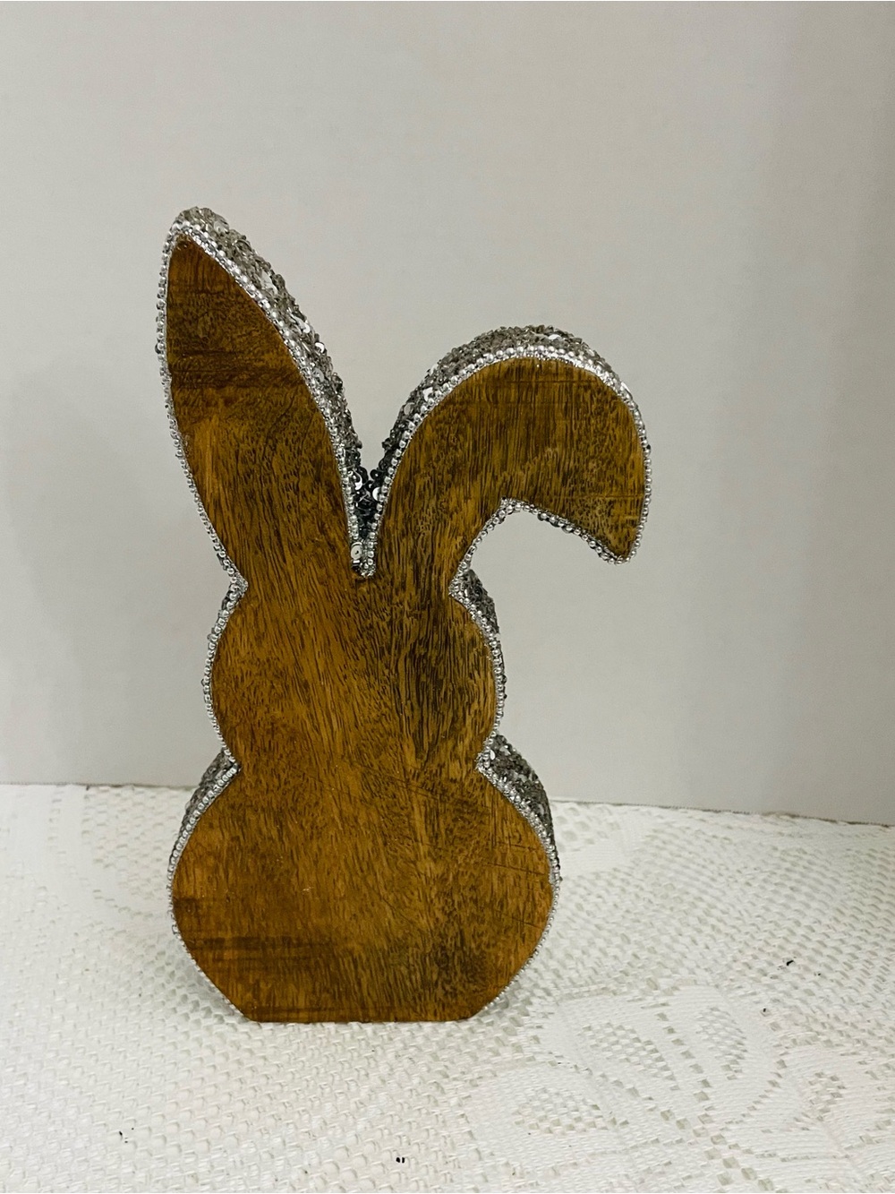 Wooden Bunny Figurine with Silver Sequin Trim - Brown